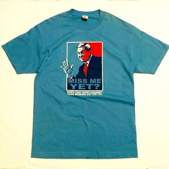 Vintage George Bush ~ Miss Me Yet? Presidential Graphic Tee Cyan - Picture 1 of 1